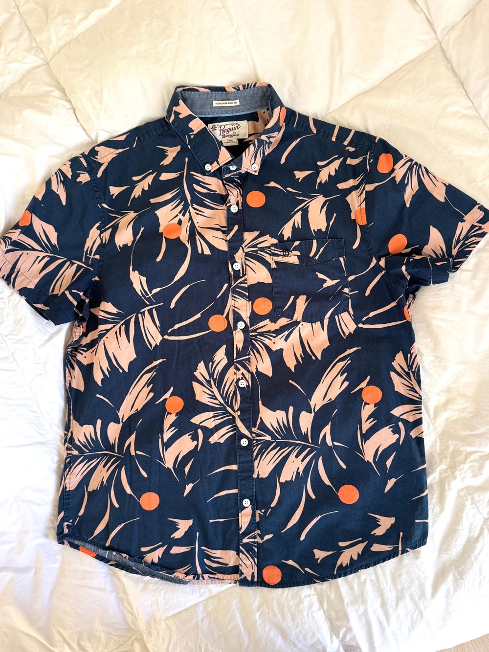 Original Penguin Tropical Leaf Print Shirt Mens L Navy Pink Orange Cotton